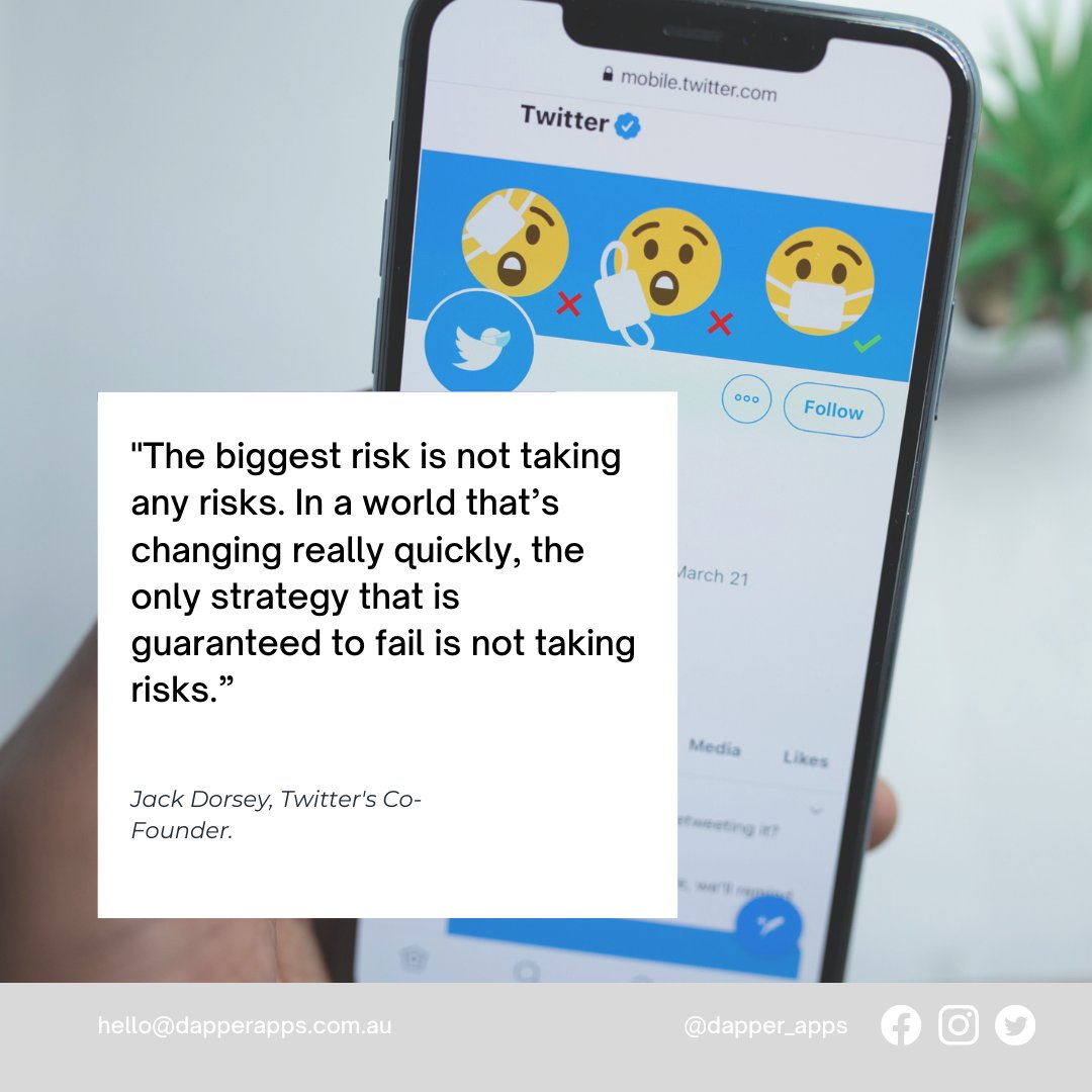 dapper_apps's tweet image. This quote from Jack Dorsey, co-founder of Twitter, might be the motivation you need to finally take action on that risky move.
Need help on where to start? Dapper is here for all your tech needs.
#twitter #jackdorsey #jackdorseyquotes #jackdorseytwitterceo #startupbusiness