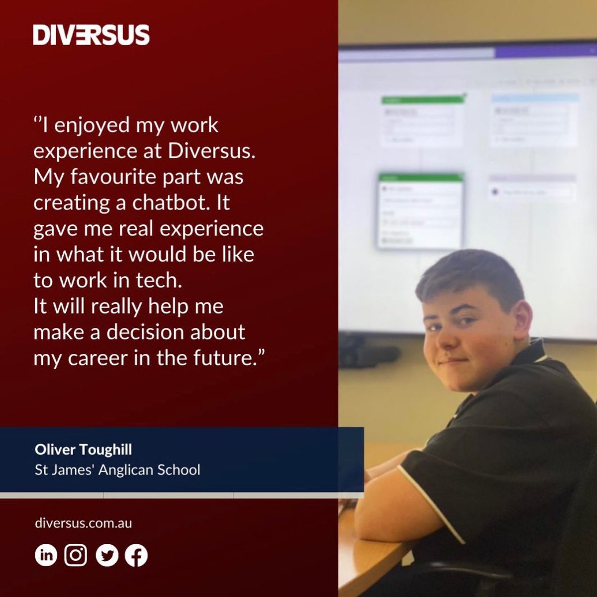 Investing in our youth is something that Diversus is committed to. Through our internship program to hosting work experience students like Oliver from St James’ Anglican School. 

#diversus #workexperience #chatbot #AI #ACSfoundation #socialconscience

diversus.com.au/Our-News/2021-…