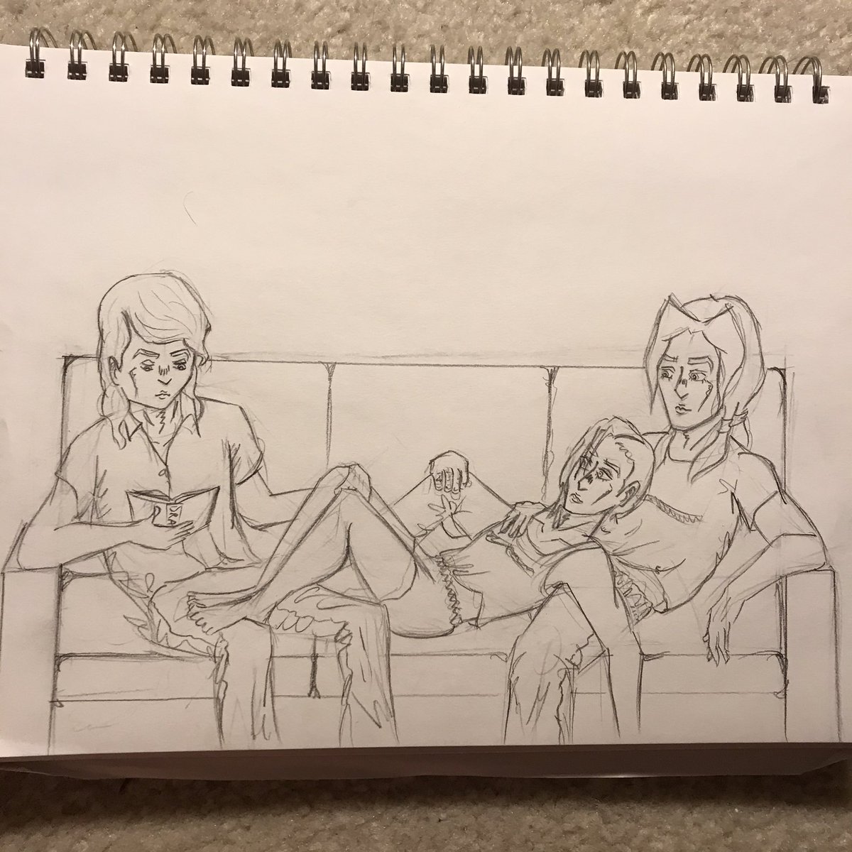Bovine_Will's tweet photo. @prosciuttoweek’s #prosciuttoweek2021!
Day 7 (Ships, SFW): Domesticity

Promelluso again! Screw it, they’re an OT3 now. That couch has been featured this week three times (the real MVP). Pro reading to Mel and Lus is a normal occurrence (better than watching tv, in Pro’s eyes). https://t.co/2BMvDN2t6t