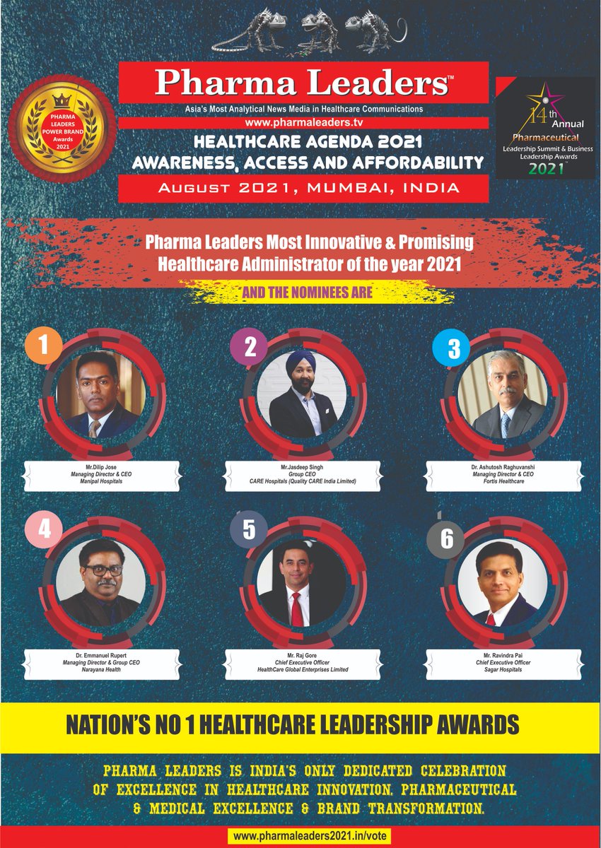 pharmaleader's tweet image. Pharma Leaders Innovative &amp;amp; Promising Healthcare Administrator of the year Nominees
#DilipJose @ManipalHealth
#JasdeepSingh @CareHospitalsIn
#AshutoshRaghuvanshi  @fortis_hospital
#EmmanuelRupert @NarayanaHealth
#RajGore @HCGCancercare @MKanumoory
#RavindraPai @SAGARHOSPITALS