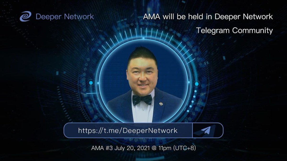 #AMA #3 live on voice call 📞 with our CMO <a href="/helloericma/">Eric Ma</a> in our Telegram community &amp; Livestreamed into our #Discord this 🗓️Tuesday, July 20, 2021 @ 23:00 (UTC+8). Join us for exciting developments! 🚀
👉Telegram: t.me/DeeperNetwork
👉Discord: discord.gg/EWUyAJyH2B