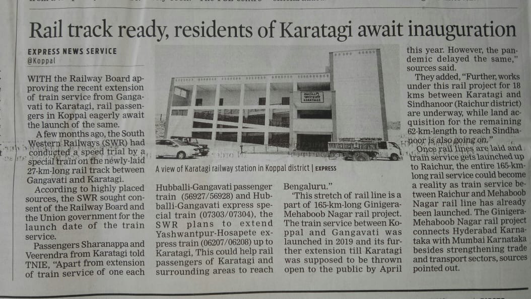 rlyhydka's tweet photo. Residents of #Karatagi await inauguration of New Railway line. This line is part of #Ginigera/#Minurabad-#Raichur/#Mahabubnagar New Railway line https://t.co/LRFitgVidh