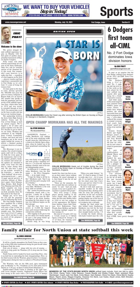 A first glance at Monday's Messenger sports section. Fort Dodge fills the CIML Iowa Conference softball honor list. <a href="/NUWarriors/">North Union Warriors</a> state softball preview (by <a href="/ChrisJohnson_17/">Chris Johnson</a>). And we welcome teams and fans to another tournament at Rogers Park. #iahssb