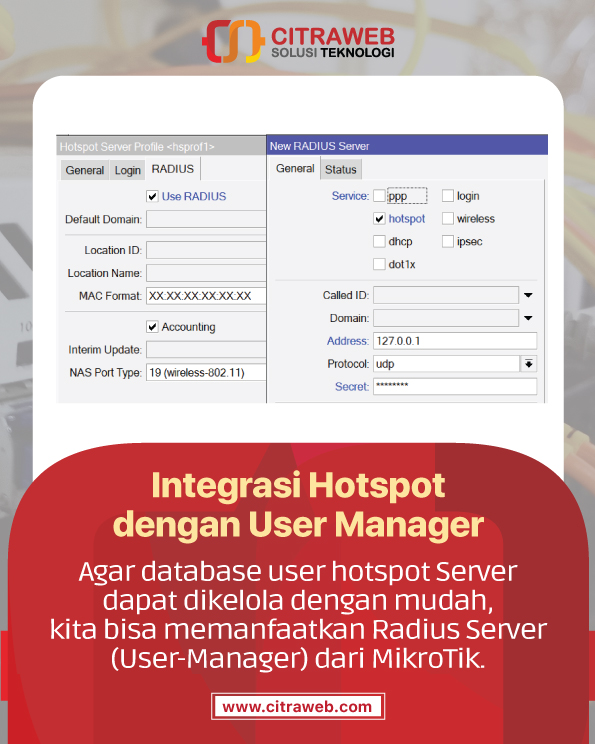 mikrotik_id's tweet photo. Detail mengenai bagaimana cara mengintegrasikan fitur HotSpot dengan User Manager MikroTik dapat Anda pelajari pada Artikel di Citraweb berikut:
https://t.co/tTu6yYgrZy
Video tutorial bisa dipelajari melalui:
https://t.co/t2jHJe5gB9
#UserManager #HotSpot #MikroTik #Citraweb https://t.co/dAPnKC5JXw
