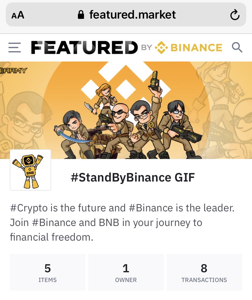 CryptoEnny's tweet image. #BARMY는 @FeaturedBinance에서 첫 번째 암호화 아트 컬렉션을 출시하게 된 것을 자랑스럽게 생각한다고 합니다.

🚀이름: #StandByBinance GIF 🚀

크립토는 미래이고 #Binance는 리더입니다.

재정적 자유를 향한 여정에서 #Binance와 BNB와 함께하세요.