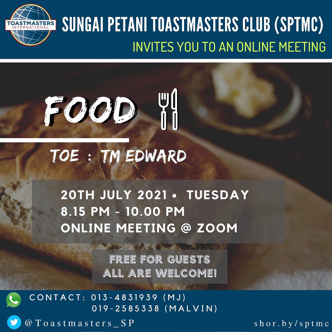 It’s Tomorrow!

Looking for a platform to polish your public speaking skill? Join our upcoming virtual meeting to learn how.

Date: 20/7/2021
Time: 8:15P.M – 10:00P.M
Zoom Meeting ID: 672 913 2782
Passcode: 9fT8Fk