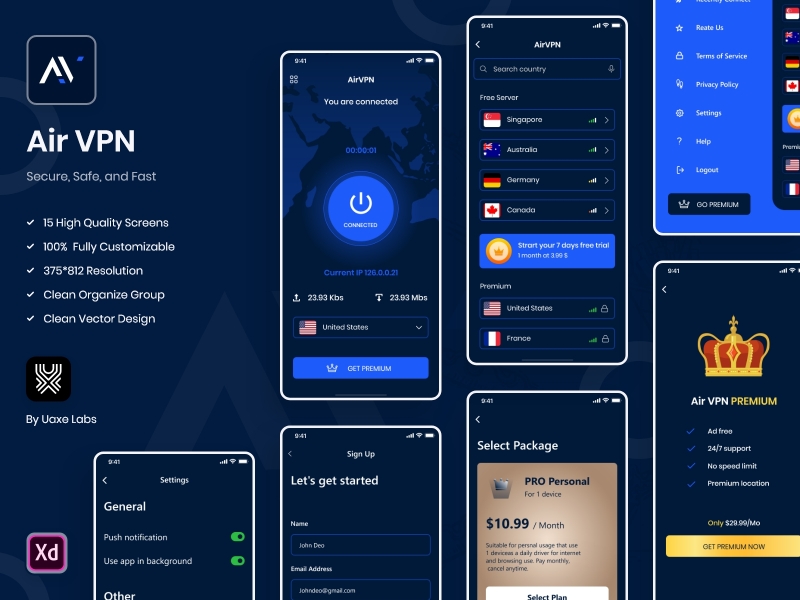 Uaxelabs's tweet image. We are glad to share our latest design of the VPN App. An app where you can connect VPN with secure, safe, and faster. You can easily sign up &amp;amp; sign in, connect the location-wise network, or also get the premium plans.

behance.net/gallery/113757…

#vpnappdesign #uidesign #mobileapp