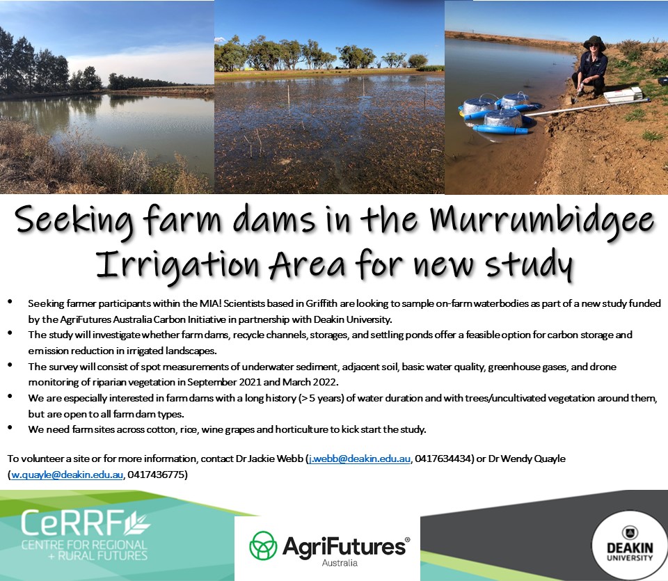 Want to be involved in a new area of research for on-farm carbon and emission management? We are seeking 👀 irrigation farm dams to sample in the #MIA as part of a new @AgriFuturesAU project lead by our very own @JackieRWebb, @WendyQuayle1 and Carlos! @DeakinSEBE 👇