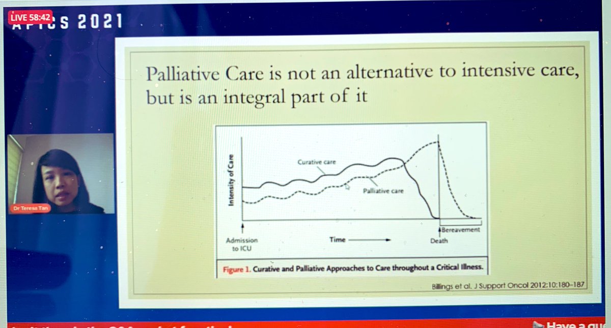 ongsoomay's tweet photo. Dr Teresa Tan: Palliative care is an integral part of #pedsicu - I totally agree. We need to work together to provide the best care for the child and family, whatever the goals are.
And the wise words of @NoreenChanSg making a cameo appearance! #apics2021 https://t.co/Y1aNVCoBUG