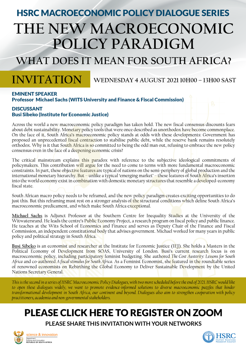 PolicyActionZA's tweet photo. Webinar: The new macroeconomic policy paradigm: What does it mean for South Africa? 4 August 2021. With @IEJ_SA @HSRCza @dsigovza @FFC_SA @Wits_SCIS Register here: https://t.co/nmo6qfcow6 https://t.co/Kgd9ZdyoFd