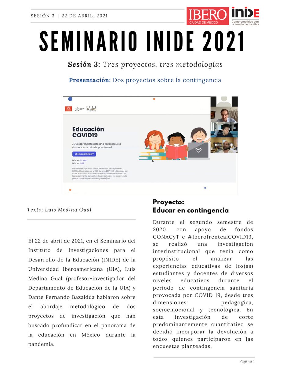 INIDEdelaUIA's tweet photo. #NotaINIDE |Conoce más sobre los proyectos "Educar en contingencia” y "¿Qué aprendimos en la escuela durante la pandemia?" liderados por @medinagual (@EducacionIbero)👇
▸Lee la nota en PDF: https://t.co/LEEh5ZJa7R
#CompromisoINIDE https://t.co/HLOHJN64F8