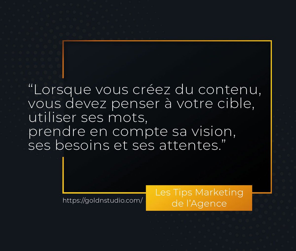 goldNstudio's tweet photo. Le Tips Marketing du Lundi ! 

Lorsque vous créez du contenu, vous devez vous renseigner sur ses besoins, ses attentes et sur son comportement. 

Une fois l'analyse effectuée, utiliser ces informations pour créer du contenu pertinent. 

#inboundmarketing #agencemarketing https://t.co/56DjcHSxzy