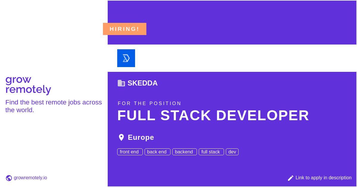 growremotelyio's tweet photo. Check out this job at Skedda for the position Full Stack Developer.
Apply link: https://t.co/BlMUK5Mhmh
#hiring #remotejobs #Skedda #Programming https://t.co/acoIbP8Fb6