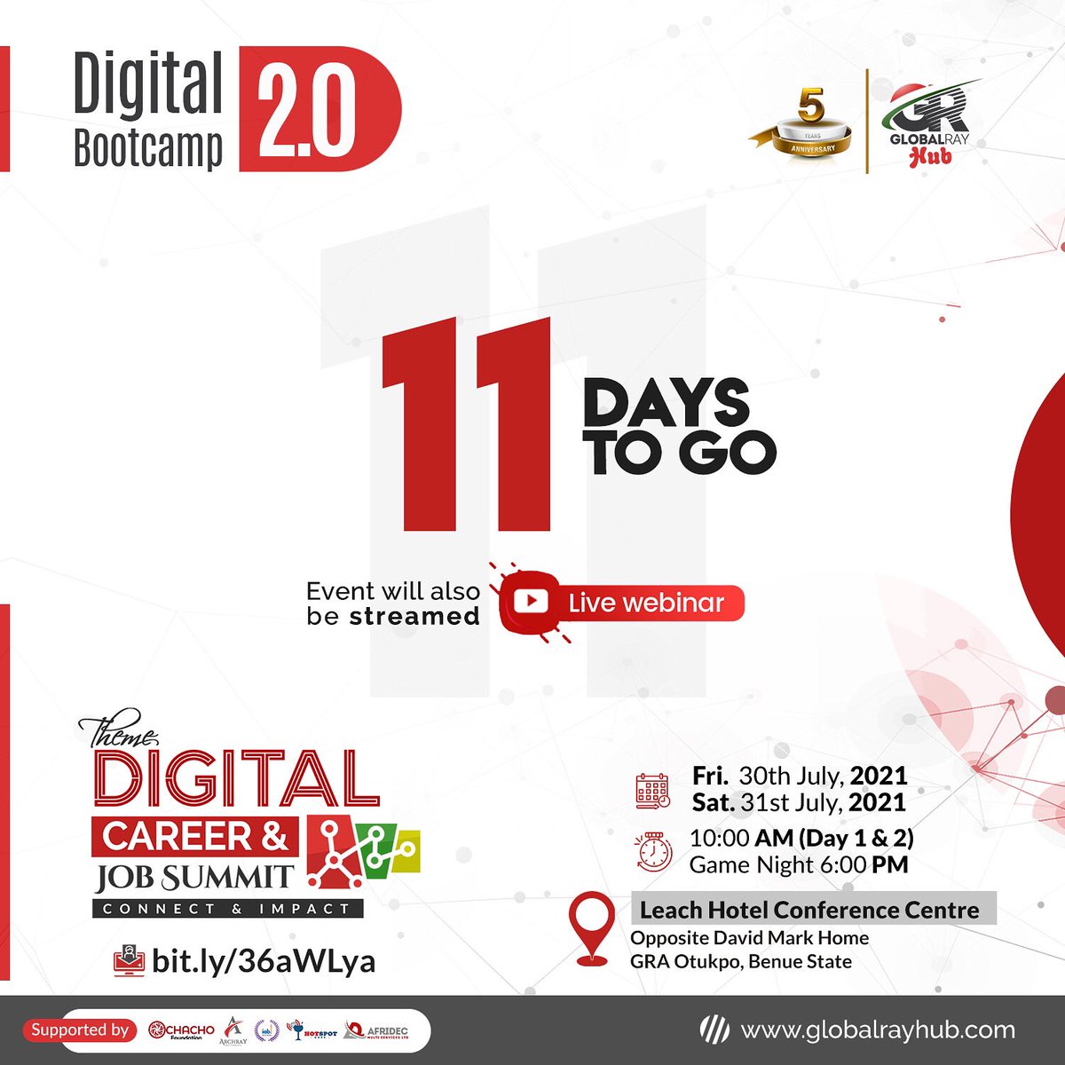GlobalRayHub's tweet photo. Time is ticking!
Digital Bootcamp 2.0 is a few days away! Do not let it leave you behind
Plan and prepare to attend/join live!
Keep a date with us
Still haven't registered?
https://t.co/E17GfP36Cq
#globalrayhubdigitalbootcamp
#GlobalRayHub #countdown
#gathering #anticipation https://t.co/g3djKmAsk2