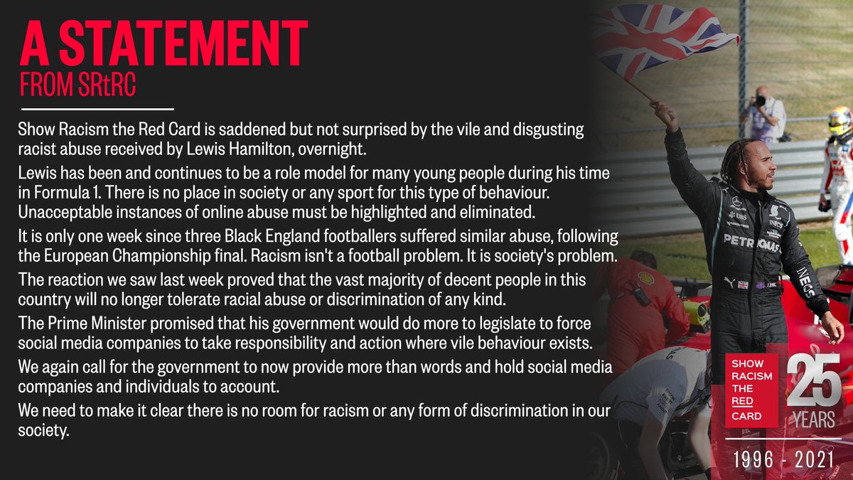 RT @SRTRC_England: A statement from #SRtRC about the disgusting racist abuse directed at @LewisHamilton. https://t.co/sHfyzmDyX4