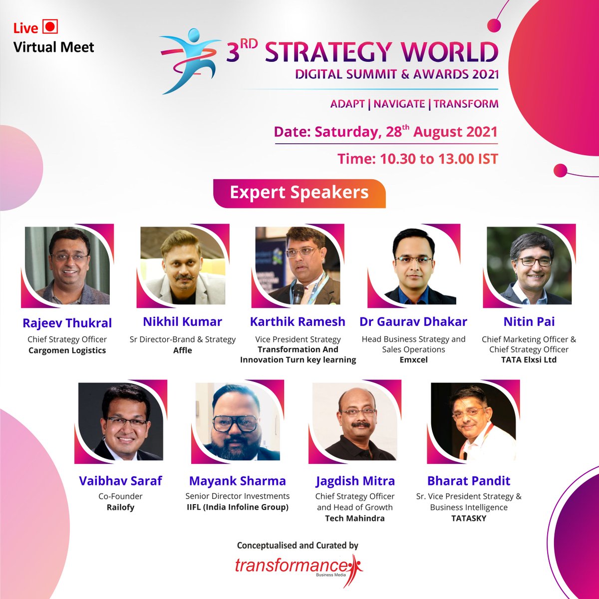 trfforums's tweet photo. #network with @rajeevkthukral, Nikhil Kumar, Karthik Ramesh, @DrGauravDhakar, Nitin Pai- @tataelxsi, @sarafv, Mayank Sharma- @IIFL_Finance, @jagdishmitra &amp; Bharat A Pandit.

To Book your #tickets/#nominate:
https://t.co/4M8ZH8eggu

#strategy #cso #transformanceforums https://t.co/I058iSNHGH