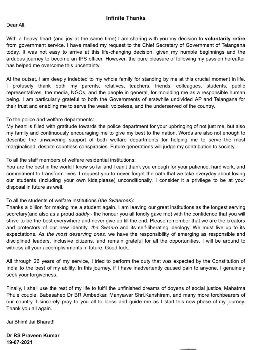 RSPraveenSwaero's tweet image. After 26 years of serving the motherland as an IPS officer, I have applied today for voluntary retirement to pursue my passion for social justice and equality with more vigour at my own pace. I thank you all for standing by me  throughout my career.🙏🏼