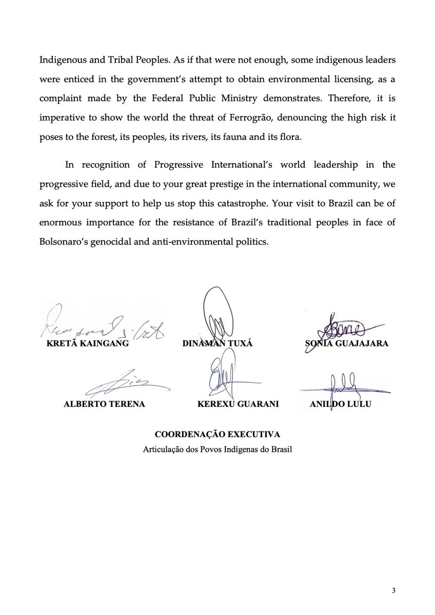 ProgIntl's tweet photo. BREAKING (1/5): Brazil’s Indigenous People Articulation (@ApibOficial) — together with the @psol50 and the GT-Infra climate justice alliance — have called on the @ProgIntl to dispatch an international delegation to fight Bolsonaro's “Ferrogrão” railroad and defend the Amazon. https://t.co/7nie4T3cFL