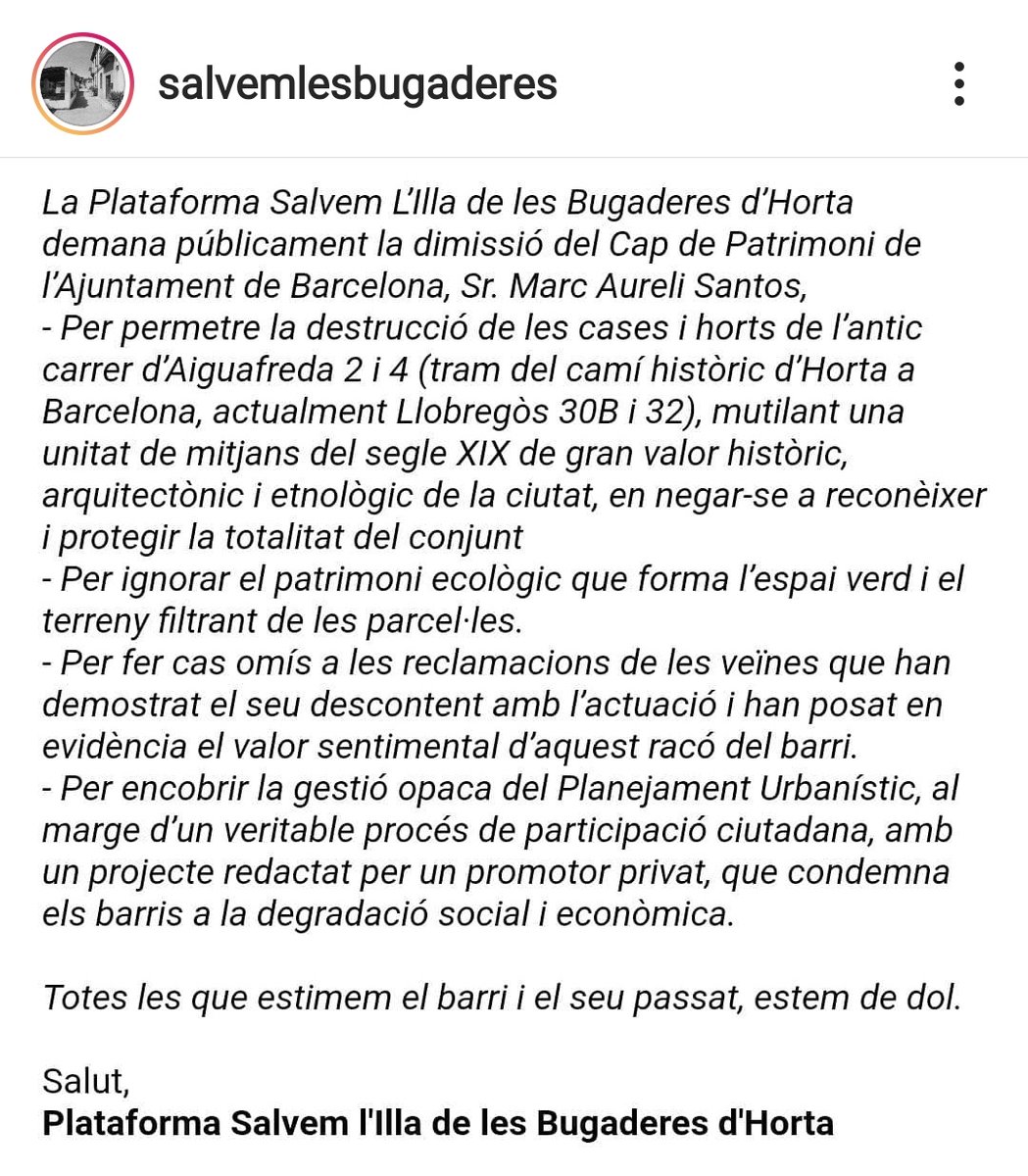 SagitariLlibres's tweet photo. La plataforma @bugadereshorta , amb el suport dels signants del manifest Salvem l'Illa de les Bugaderes d'Horta, demana i demanem la dimissió del Cap de Patrimoni de l'Ajuntament de Barcelona, Sr. Marc Aureli Santos. 
#bugaderes #bugaderesdhorta
#Horta #bcn_hg https://t.co/tdeWoJp74I