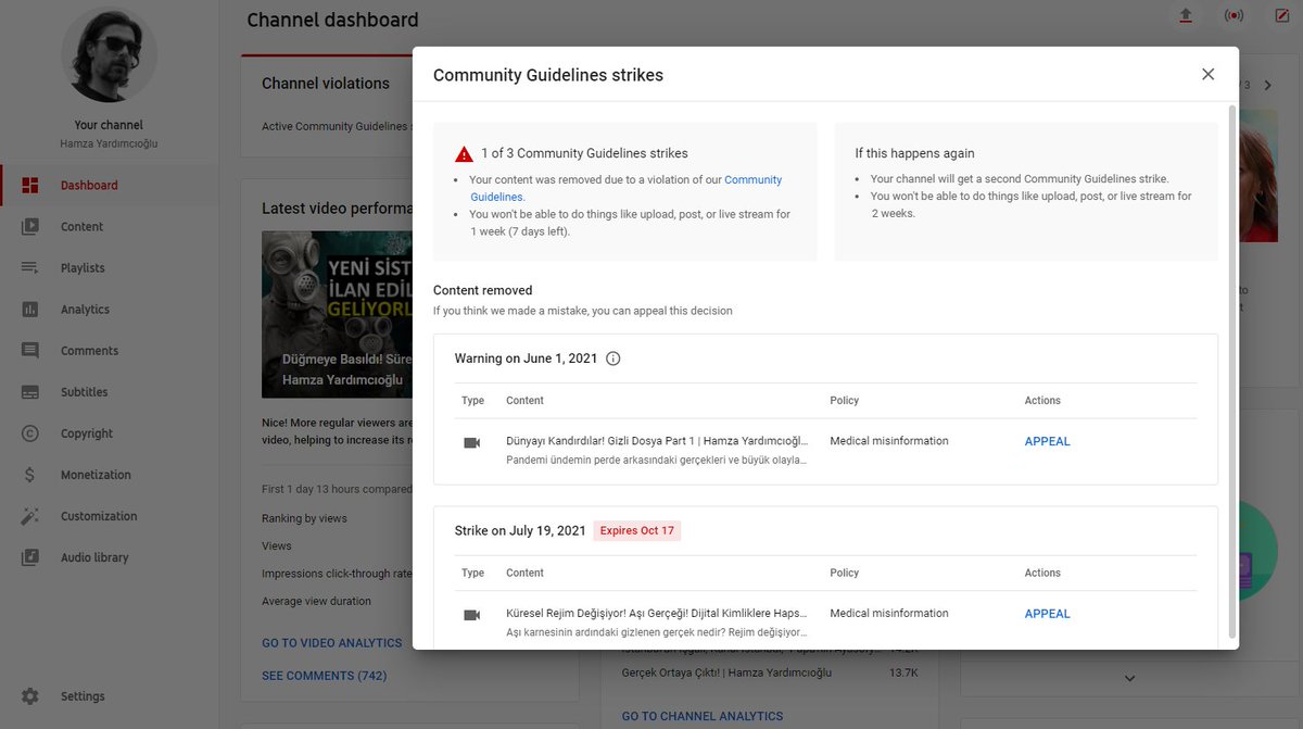 Youtube'da bir videom daha silindi. Yeni video yüklemem bir hafta yasaklandı. Çünkü dijital aşı karnelerinin yeni sistemde dijital kimlik ve para cüzdanı olacağını delilleriyle açıkladım.
Bu konudaki twitlerim de silindi.
Küresel alçaklığın ne kadar büyük olduğunu görün artık.