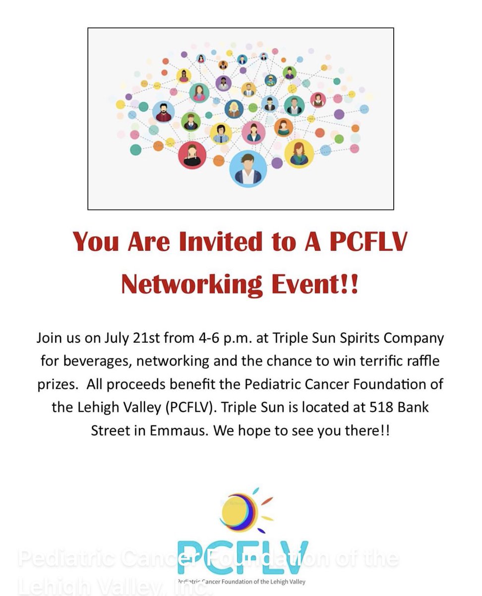 PCFLV's tweet photo. Come join us this Wednesday, July 21st from 4-6pm at Triple Sun Spirits in Emmaus for a fun networking event! Stop by, say "hi" and have a delicious beverage! Hope to see you there! #event #networking #giveback #charity #nonprofit #pcflv #triplesunspirits https://t.co/s8jQUb4Bbs