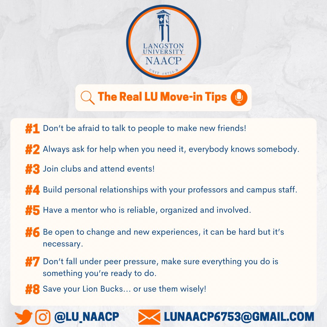 Rise and SHINE, #LU25! Here are some tips for you to be successful at our Dear Langston! 🧡💙 Less than 2 weeks left until Lion Camp! 🦁
