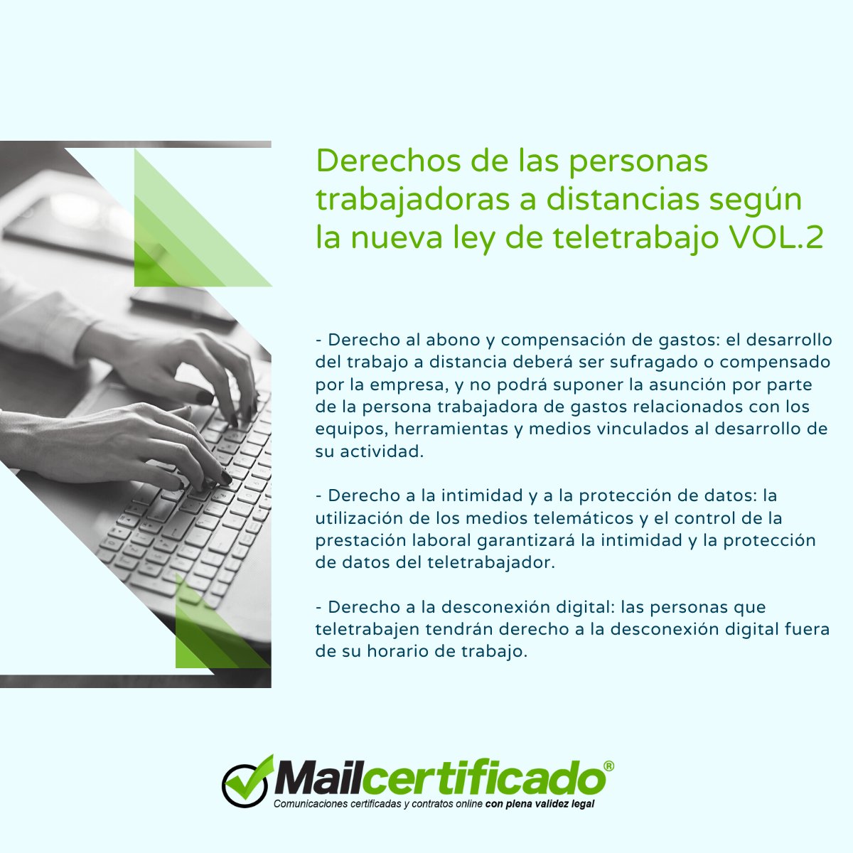 mailcertificado's tweet photo. Derechos de las personas trabajadoras a distancias según la nueva ley de teletrabajo VOL.2 👨‍💻 https://t.co/J83gZ5SVgI