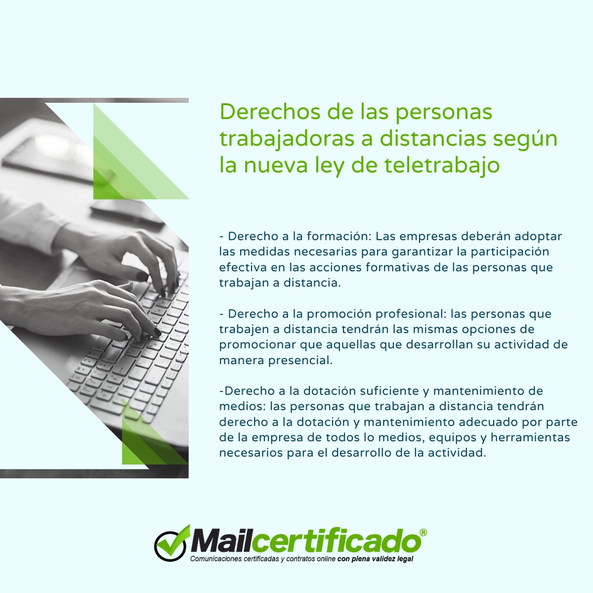 mailcertificado's tweet photo. Derechos de las personas trabajadoras a distancias según la nueva ley de teletrabajo VOL.1 👨‍💻 https://t.co/TNP1Qgf7hp