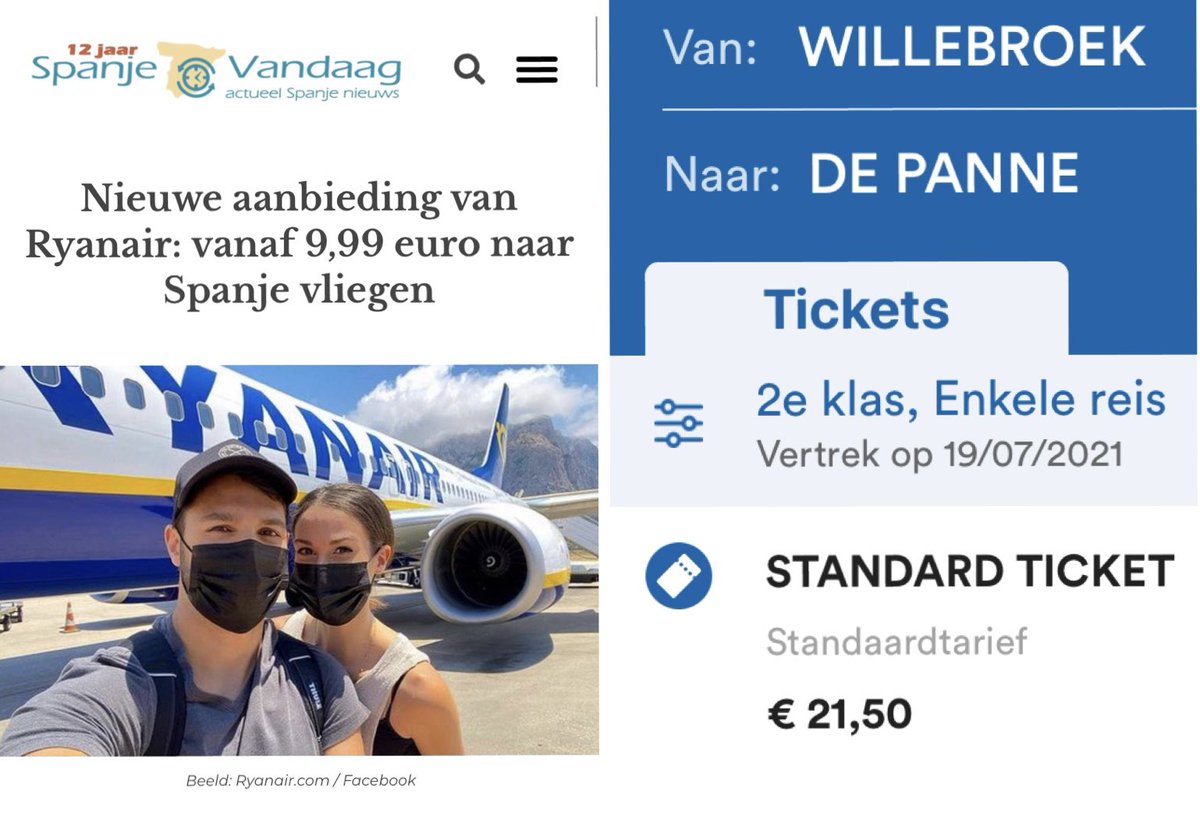 Met het vliegtuig naar Spanje voor € 9,99: dit is ecologische waanzin. Voor een enkele 2e klas treinrit naar De Panne betaal je €21,50.