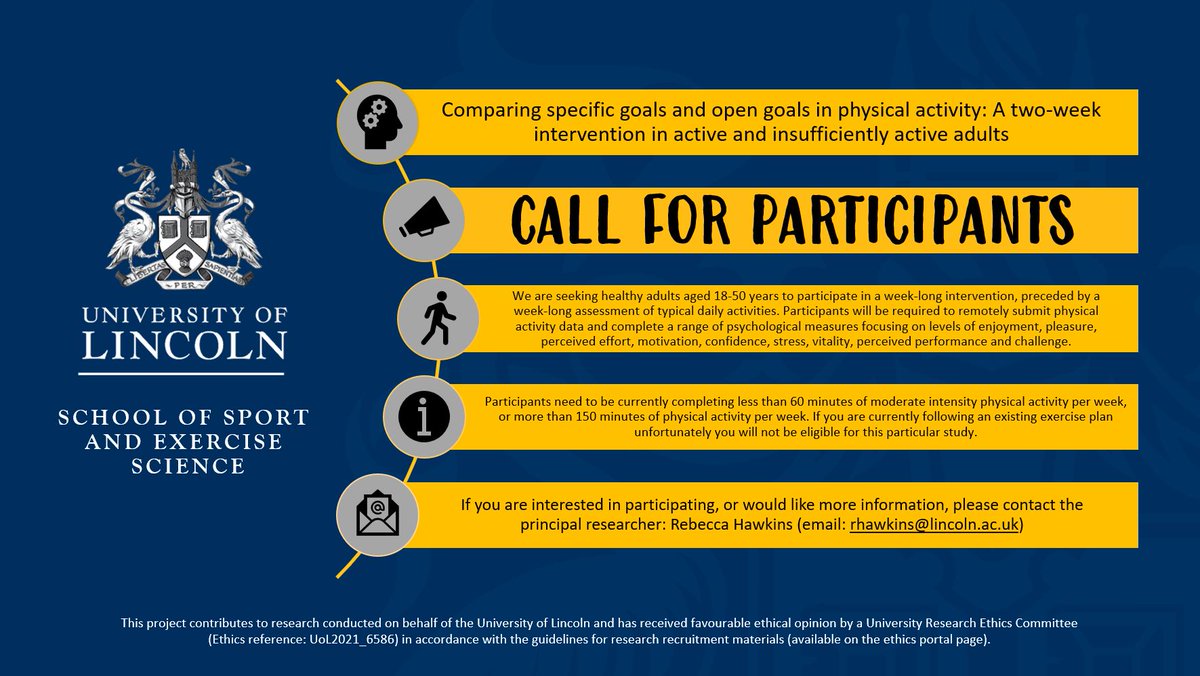 Rebecca Hawkins (@_rebeccahawkins) on Twitter photo Here we go... final PhD data collection! 😬
Recruiting participants for a two-week remote physical activity intervention 🚶🎯
✅Follow assigned intervention strategy
✅Submit daily physical activity minutes
✅Complete a range of psych measures
Details below 👇 #pleaseretweet Here we go... final PhD data collection! 😬
Recruiting participants for a two-week remote physical activity intervention 🚶🎯
✅Follow assigned intervention strategy
✅Submit daily physical activity minutes
✅Complete a range of psych measures
Details below 👇 #pleaseretweet