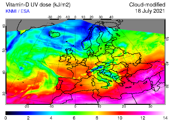 Vitamin D making UV radiation yesterday - this is how heat wave looks! Thanks to TEMIS and <a href="/KNMI/">KNMI</a>