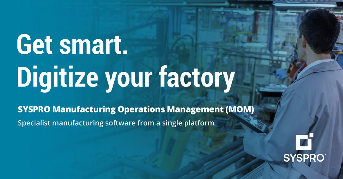 SYSPRO's tweet image. SYSPRO Manufacturing Operations Management (MOM) supports your unique Industry 4.0 journey and is the foundation to building your smart factory: hubs.ly/H0S23Lk0

SYSPRO MOM. Specialist manufacturing software from a single platform.

#DigitizeYourFactory #SayYesToNext