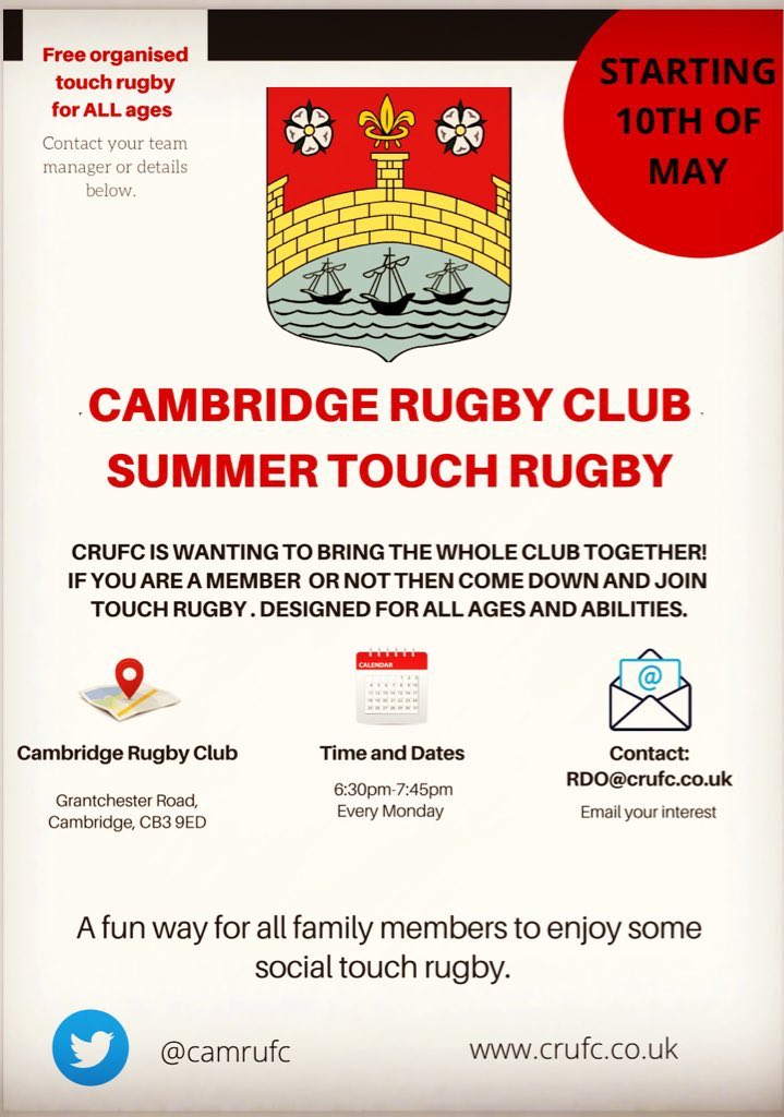 Reminder of our Touch rugby happening tonight from 6:30. Bar open too 👍🏻 Everyone is welcome. See you tonight #rugby #touchrugby #oneclub <a href="/camrufc/">Cambridge Rugby 🏉</a>