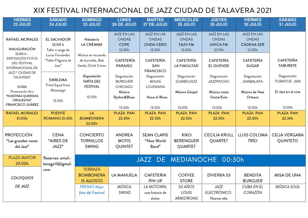 🎤🎷🎹 YA ESTÁ AQUÍ LA PROGRAMACIÓN DEL #FestivalDeJazzCiudadDeTalavera2021 🎹🎷🎤

🎟 ESTE AÑO NO SE RECOGEN INVITACIONES. Se entregará una entrada para cada día en el propio acceso a la Plaza.

El USO DE MASCARILLA es obligatorio en todo el recinto. 😎💙 #festivaljazz