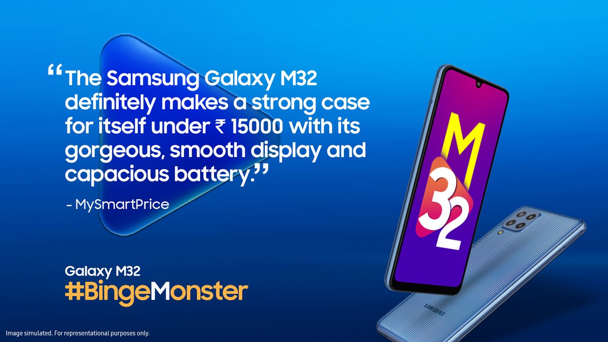 SamsungIndia's tweet photo. We love what the folks at @mysmartprice have to say about our #BingeMonster; #SamsungM32. It’s a solid combo of powerful features and premium looks - all within 15k. So what are you waiting for? https://t.co/FLrpBGDEcC