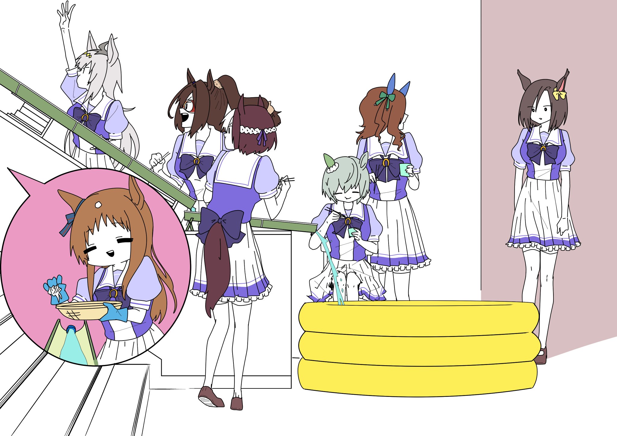 ウマ娘 学園の階段で流しそうめんするウマ娘たち イラスト ウマ娘うまぴょいまとめ