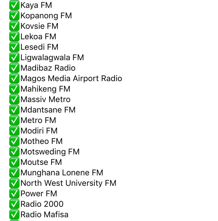 weplug_music's tweet photo. #ProjectWrap
Still a Top 100 song in the country spending 23 weeks on the chart; thank you to all the below radio stations for playlisting @Ami_Faku’s #LalaNgoxolo ft @emteerecords.
The perfect soundtrack for the times that we’re in🕊
#RadioPlugging #WePlugMusic https://t.co/ygGi2C0gYV