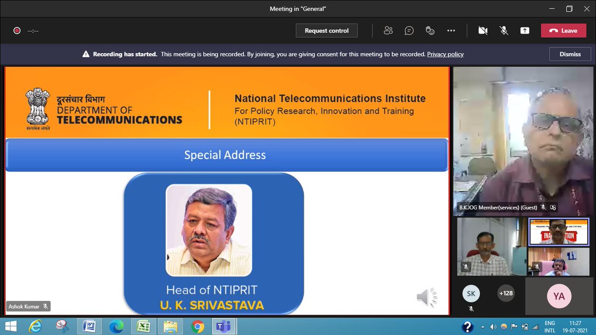 DoT_India's tweet photo. Sh. B K Jog, Member(Services), Digital Communications Commission, DoT today inaugurated virtually 4-week online training programme conducted by #NTIPRIT on “Tools & Testers required for rollout testing, QoS Testing and #EMF Measurement”.
@mygovindia
#Govt4Growth
#Cheer4India https://t.co/DxKpkEbW3H
