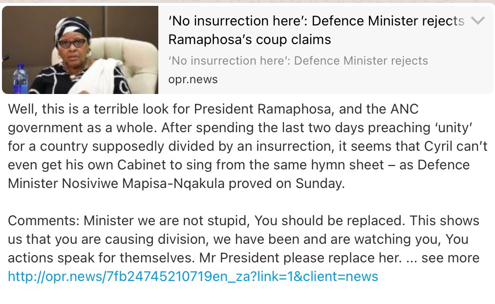 Aikhona! Why must the #MinisterOfDefence, comrade #NosiviweMapisaNqakula, be replaced from Cabinet for telling the truth? Do those who make such ill-conceived calls want us to live under a dictatorship?