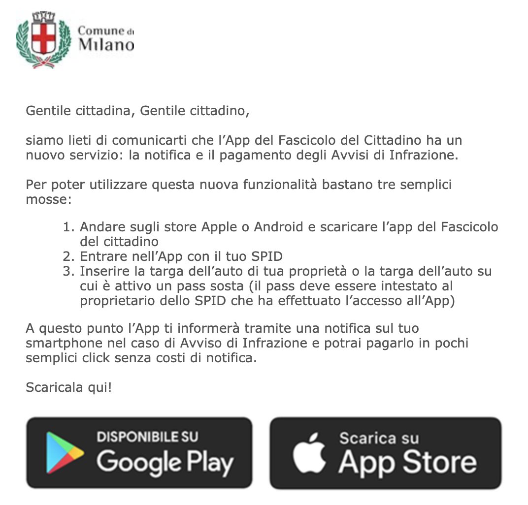 Evviva! L'app del Comune di Milano mi permetterà di ricevere la notifica di infrazione e di pagarla immediatamente con un click. Emoticon con sorriso di serie! 😀