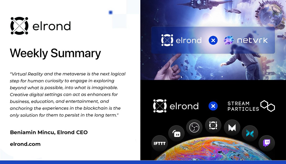 MultiversX's tweet image. Last week in $EGLD ⬇️
 
1/
🎙 Become a streaming legend via @StreamParticles
🎛 Staking info &amp;amp; calculator by @StakingRewards
🌐 Elrond NFT&apos;s &amp;amp; DeFi integration with @NetVRk1
🇪🇺 EGLD on licensed &amp;amp; regulated EU exchange @kriptomat 
🛠 Weekly #elrondtech