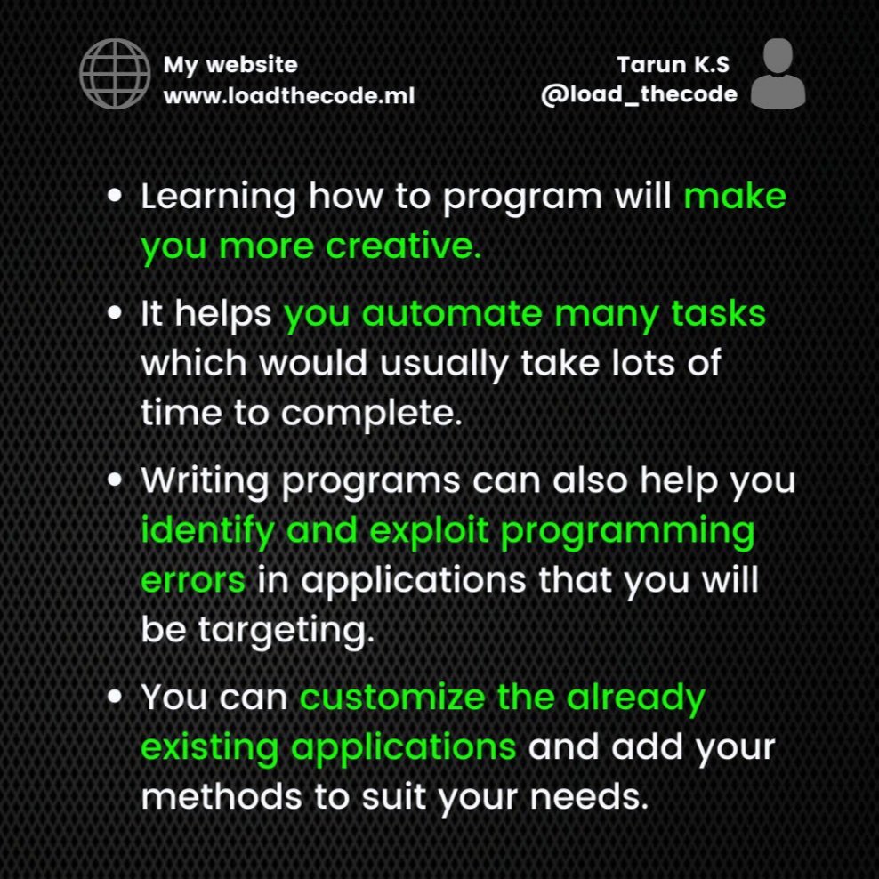 load_thecode's tweet image. Why EVERY Hacker should know how to code!
(Also to avoid being a script kiddie 😂)
Do you agree?

#hacking
#Hacker #coding #program #learning #Ethicalhacking