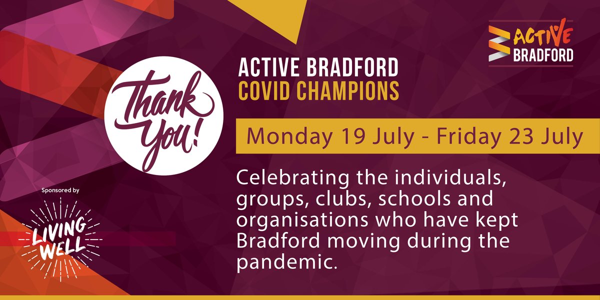All this week we'll be saying 'thank-you' to our #ActiveBradfordCovidChampions. It's the individuals, clubs, groups, organisations and schools who kept the district moving during the pandemic.

We'll be tweeting at 10am, 12pm, 2pm, 4pm, plus a special video at 6pm each day.