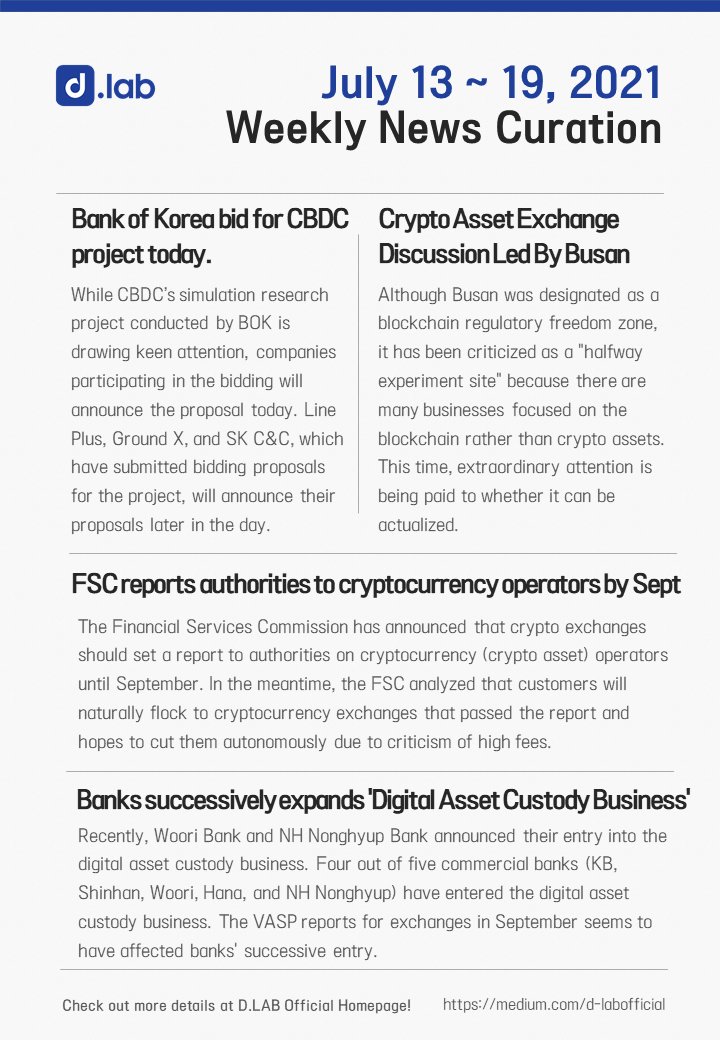 📌 July 13~19, 2021 D.LAB Weekly News Curation!👇👇👇
medium.com/d-labofficial/…
#crypto #news #blockchain #defi #bitcoin #cbdc #fsc #bok