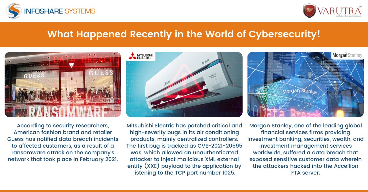 What Happened Recently in the World of Cybersecurity!

varutra.com/ctp/

#varutra #infoshare #cybercrime #guess #databreach #dataleaked #fashionretailer #retail #darkside #mitsubishi #AC #airconditioner #bugs #vulnerability #controlsystems #morganstanley #vendors #hack