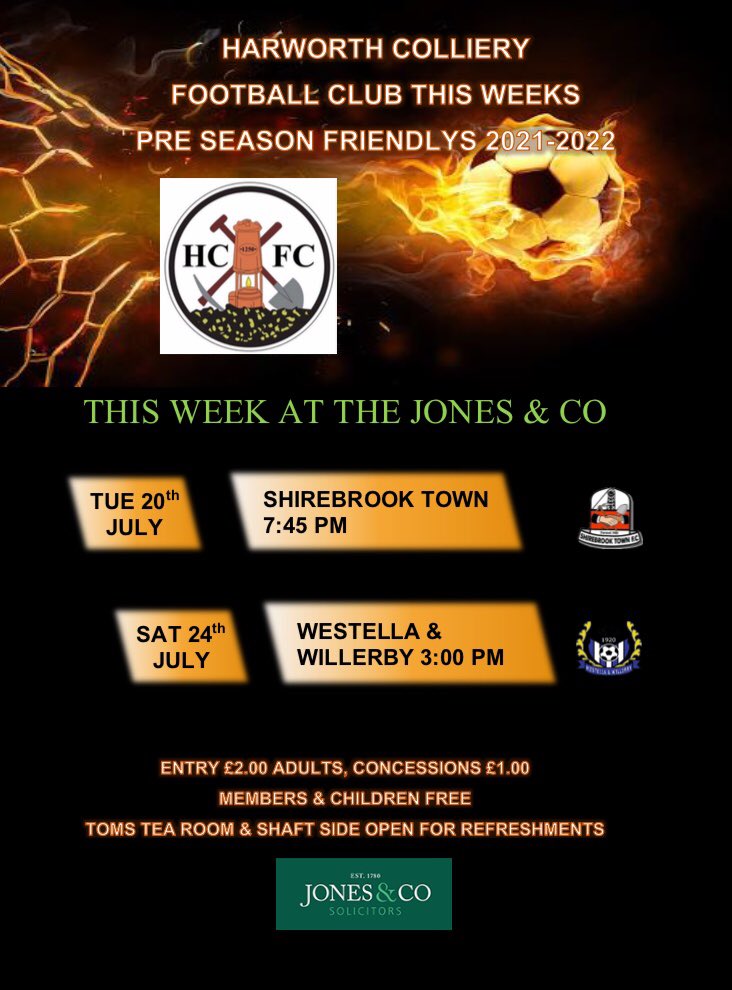 Pre season preparations continue this week with two games at the <a href="/jones_solicitor/">Jones & Co Solicitors</a> first up <a href="/ShirebrookTwnFC/">Shirebrook Town FC</a> tomorrow and then <a href="/Westella_AFC/">Westella & Willerby</a> on Saturday, hope to see you there 🧡🖤