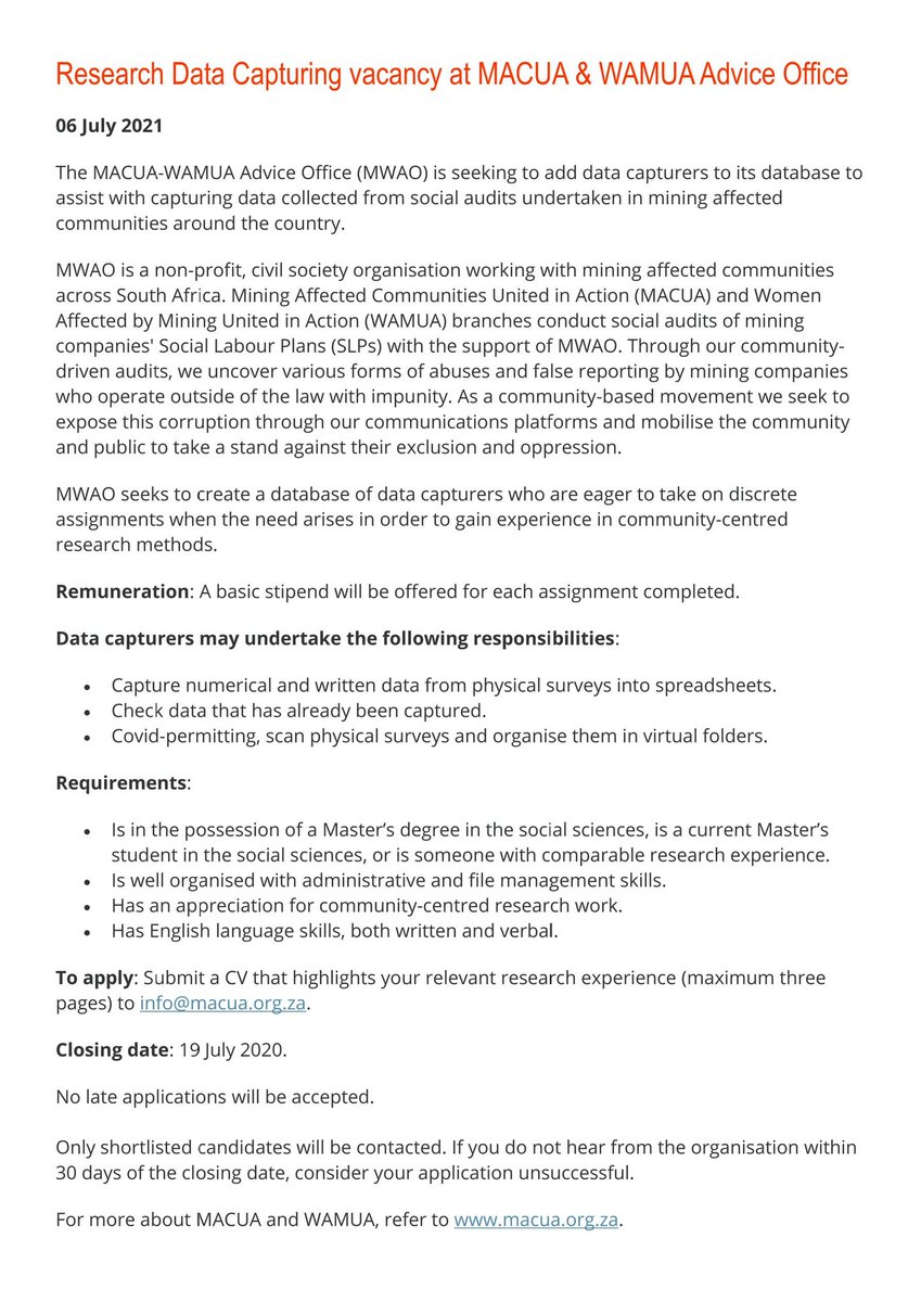 macua_sa's tweet photo. Today is the last day
The MACUA-WAMUA Advice Office (MWAO) is seeking to add data capturers to its database to assist with capturing data collected from social audits undertaken in mining affected communities around the country. @NicolaSoekoe @CALS_ZA @Sifiso_sponts @Ice_Izo https://t.co/03HpyaBPag