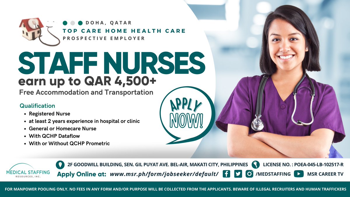 MedStaffingInc's tweet photo. APPLY NOW!!

Employers Details
🏥Top Care Home Healthcare
🗂 For Manpower Pooling Only
🇶🇦 Doha, Qatar
👩‍⚕️General | Homecare 

#CareerOpportunities #NurseforQATAR #Hospital #StaffNurses #TOPCARE https://t.co/RLh3aPfLgm