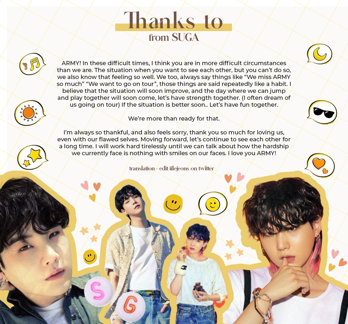 TheGookQuote's tweet photo. MIN YOONGI:
I will work hard tirelessly until we can talk about how the hardship we currently face is nothing with smiles on our faces. https://t.co/dl6gfdTXEV