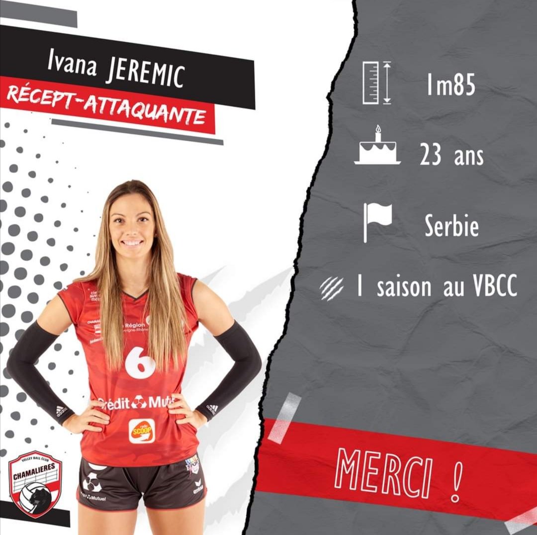 VolleyCham's tweet photo. Le Volley-Ball Club Chamalières tient à remercier Ivana Jeremic pour sa saison passée au sein du VBCC. 🙏🏻🔴⚫⚪
Nous lui souhaitons une bonne continuation et une belle réussite ! 💪
#VBCCFamily #teamcham #MERCI https://t.co/9i4sZ9Kv8e